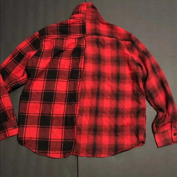 Red black plaid look rhinestone skull pocket button down shirt size large new - Picture 8 of 10